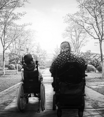 Young boy and a male adult on their wheelchairs on a pathway towards a promised vision surrounded by green pastures